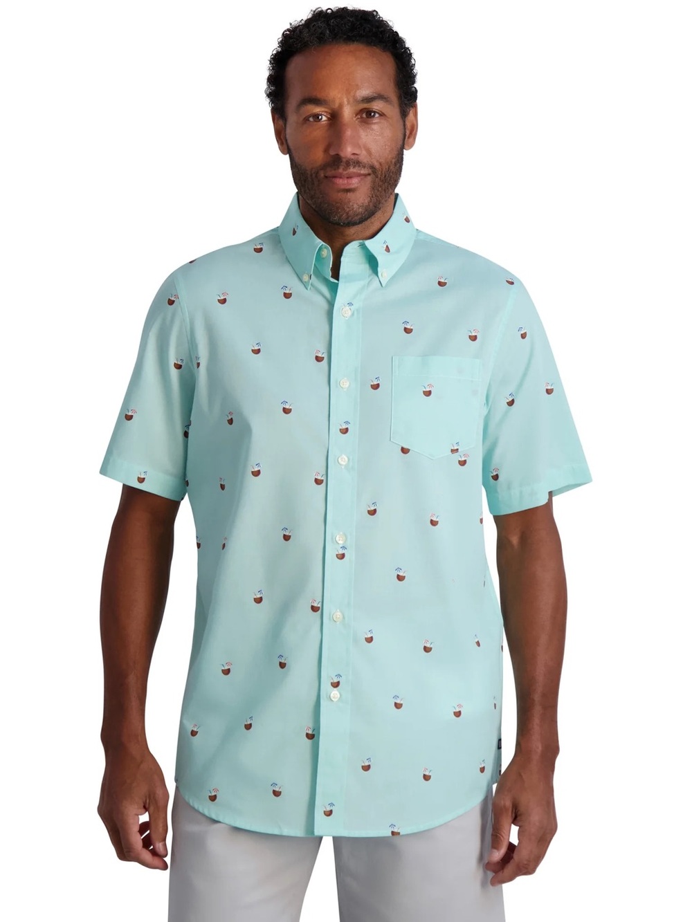 NWT CHAPS Short Sleeve Stretch Button Down Shirt Pool Blue Coconut Print XLT